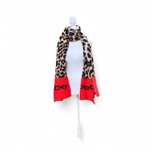 Bebe Leopard Print Logo Scarf OSFM 28x76 Acrylic Red Trim Wrap Shawl